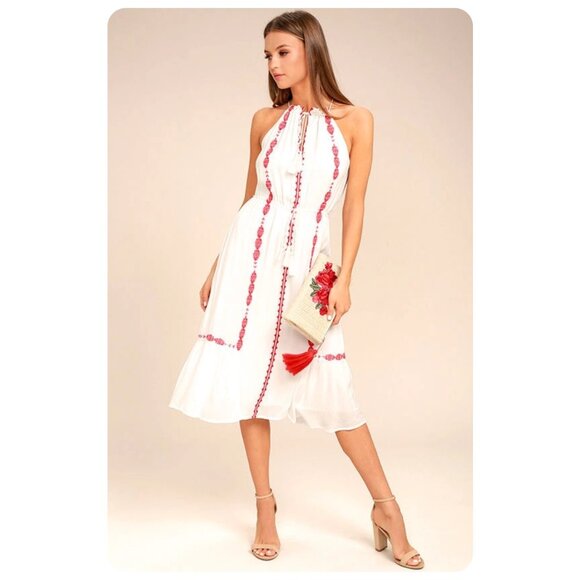 Lulus When You Smile White Red Embroidered Midi Dress sz S - Picture 1 of 7